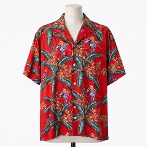 Paradise Found Hawaiian Shirt XL Red Parrot Bird Tropical Rayon Made In Hawaii